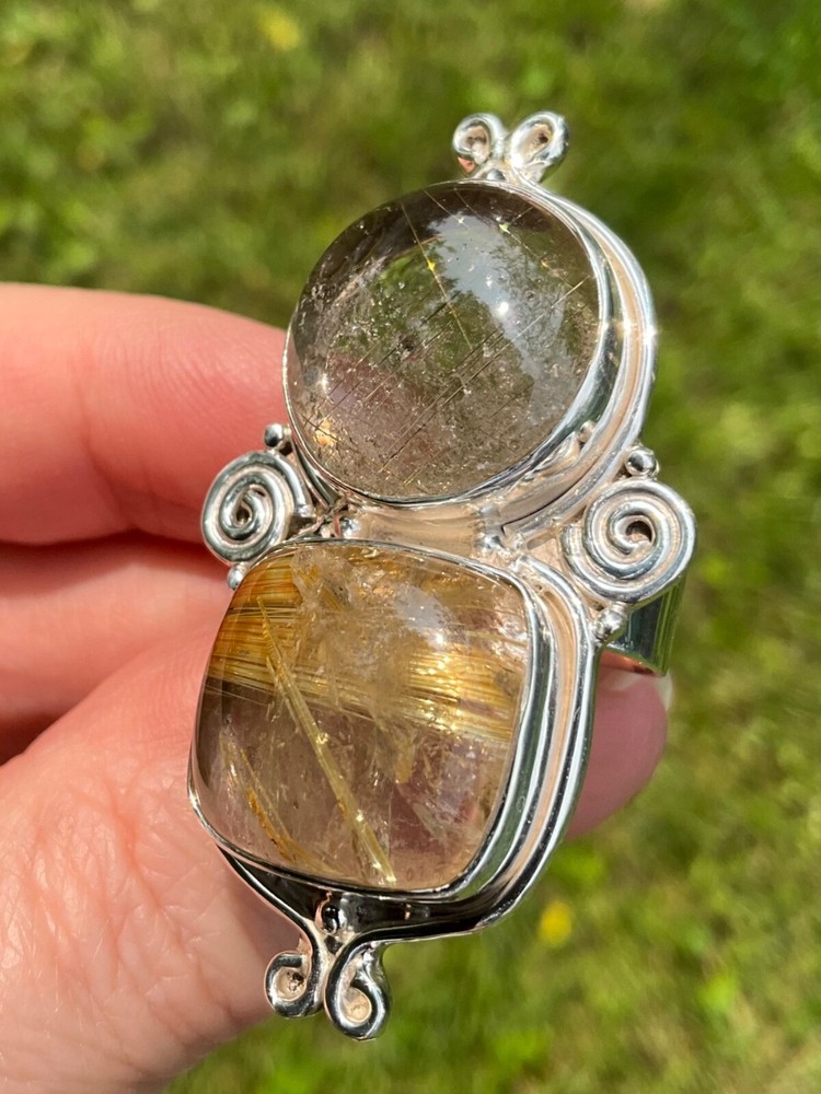 Huge Handcrafted Sterling Silver Rutilated Quartz Ring Size 9 Heavy 20.3 Grams