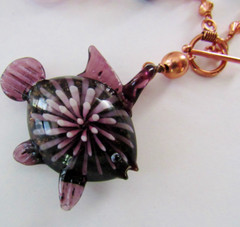 Handmade Artisan Purple Glass Fish Pendant Necklace Copper Toggle Clasp