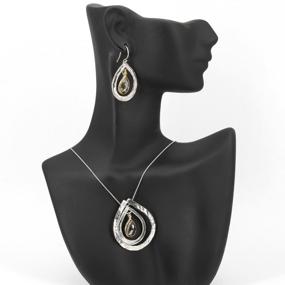 Opulenza Designs Sterling Silver & Brass Hematite Teardrop Necklace & Earrings