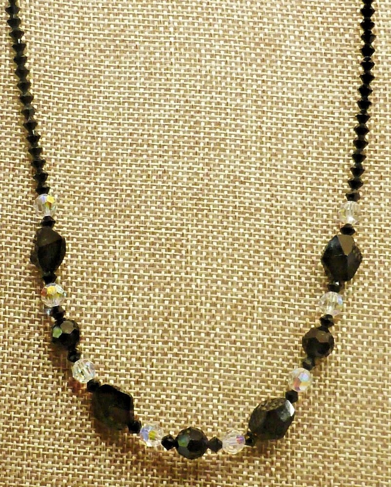 A21) Beautiful Black & Clear Faceted Crystal Necklace – Sterling Silver