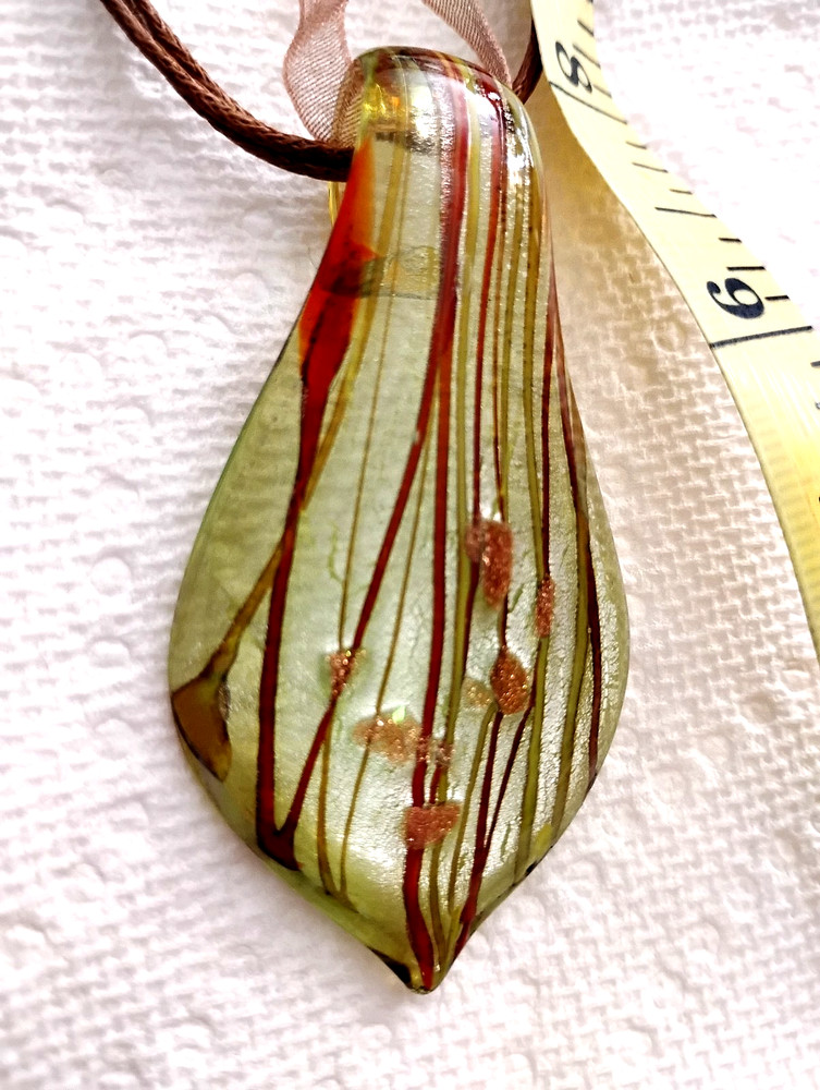 Hand Blown Murano Style Glass,Brown Pendant Necklace oblong Shape.41