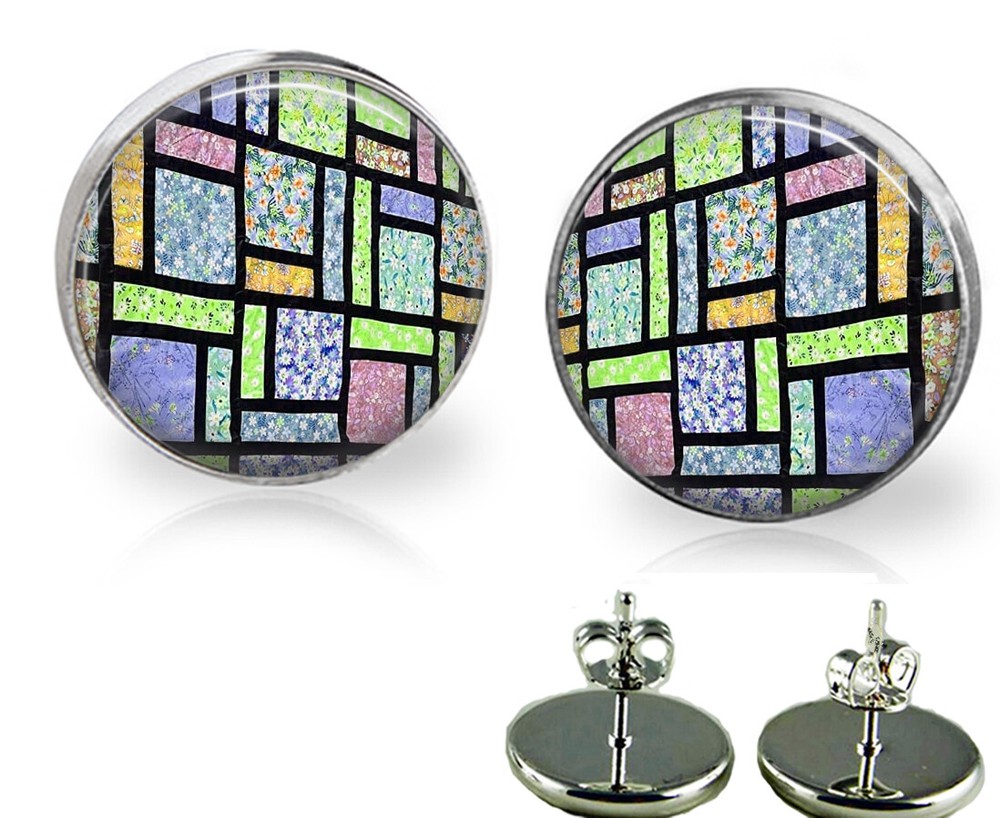 Colorful Patchwork Glass Top Stud Earrings In 3 Sizes Handcrafted Photo Jewelry