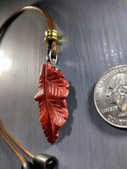 TrailerSpark Red Jasper Carved Leaf Pendant Necklace 18in Waxed Cord Break Away