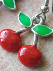 Cherry Earrings Dangle Handmade Bright Red Surgical Steel Small Rockabilly Fun