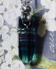 Natural rainbow fluorite crystal point wire wrapped pendant necklace