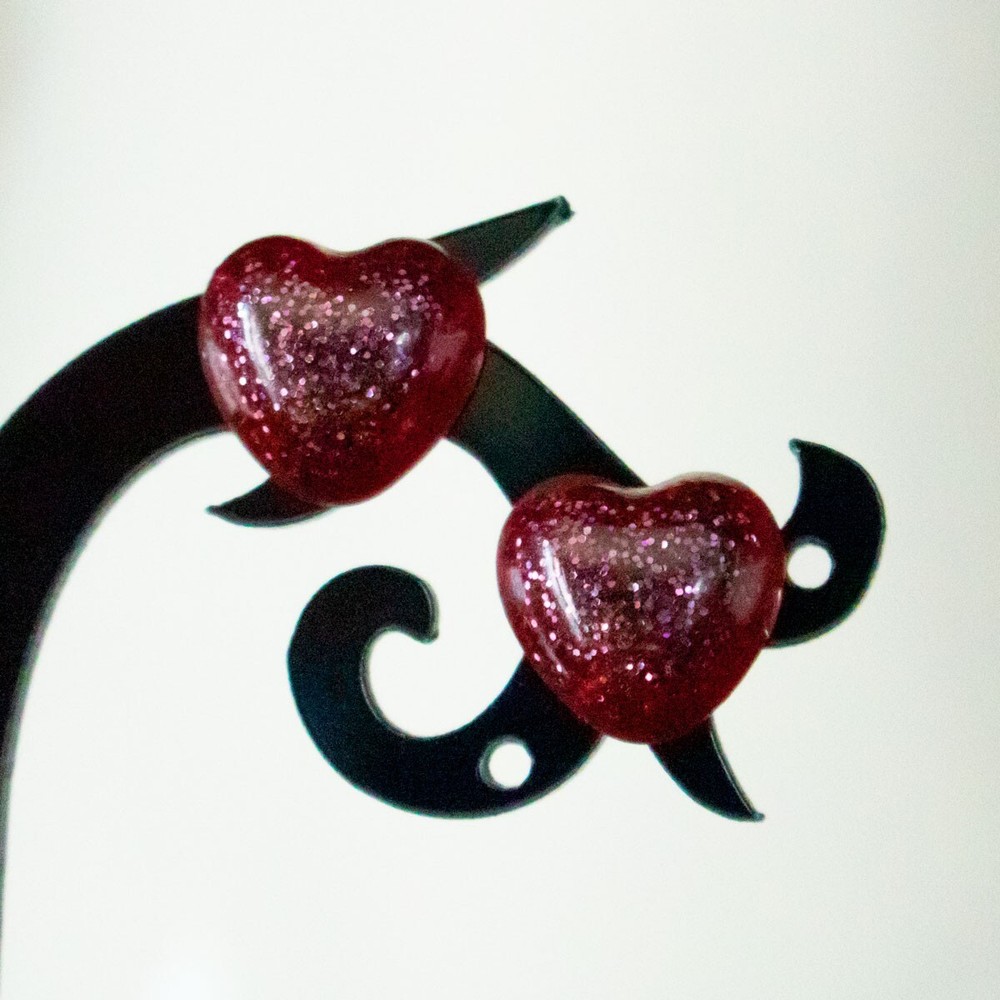 Handmade Heart Stud Earrings – Resin and Glitter – Gothic Halloween Valentine