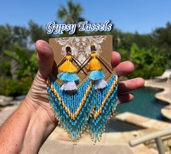 Handmade Beaded Long Tassel Fringe Dangle Drop Lightweight Post Diamond Earrings
