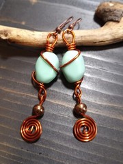 UNIQUE TURQUOISE RESIN BEAD/COPPER GLASS BEAD/AMBER WIRE WRAP AND COIL EARRINGS