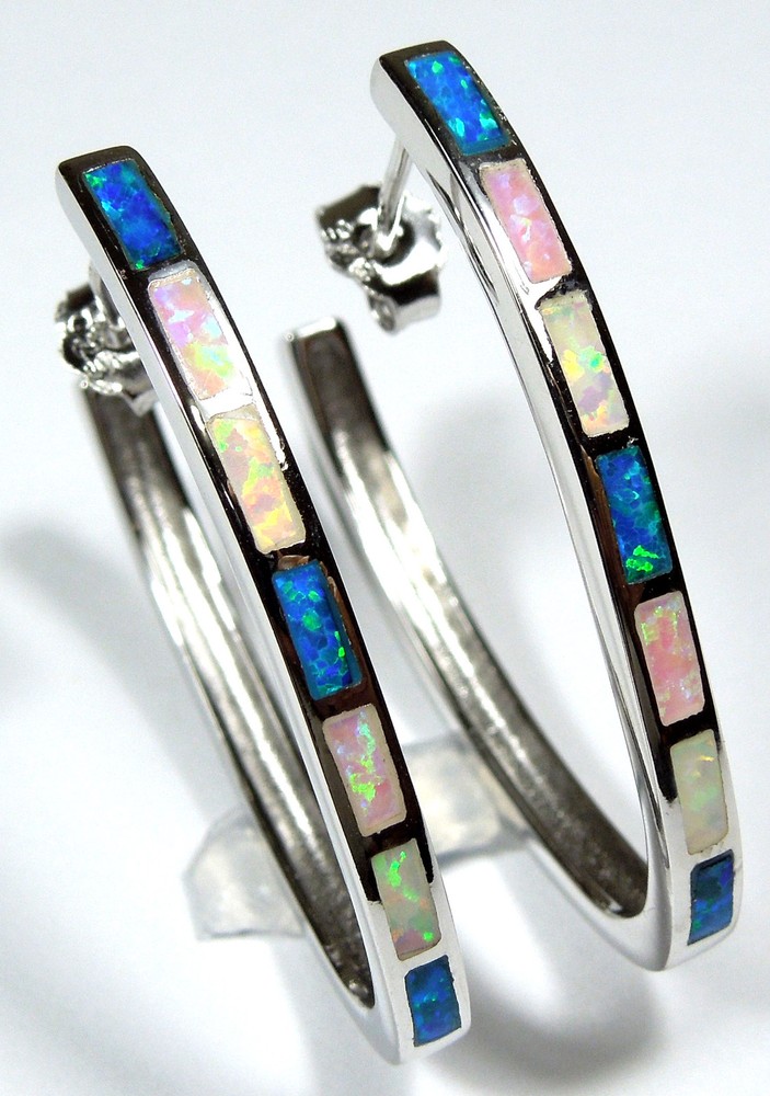 Hoop Earrings Multicolor Pink Blue White Fire Opal Inlay on 925 Sterling Silver