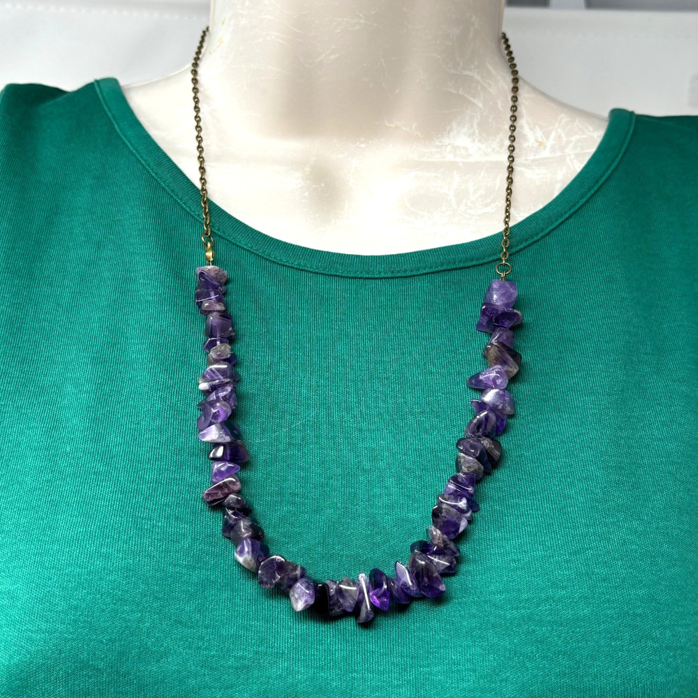 Handmade Purple Amethyst Stone Chip and Bronze Tone Chain Beaded Necklace