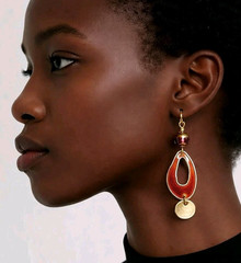 Drop Earrings Red Enamel Gold Tone Metal Faceted Crystal Bead Disco Handcrafted