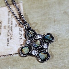 Abalone Paua Shell Maltese Cross Gunmetal Gray Black Metal Pendant Necklace