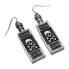 Poison Bottle Silver ton Black Goth Enamel Halloween Earrings 2.25 in