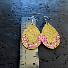 Handmade Genuine Leather Earrings Yellow Pink Painted Flowers Mexican Folk Art