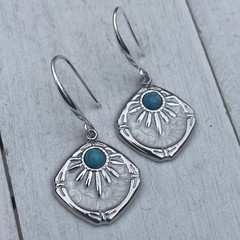 Min Favorit Turquoise & Pearl Enamel Sunburst Charm Silver Artisan Drop Earrings