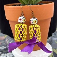 Adorned Crown Jewelry assemblage yellow cage lamp work glass purple earrings