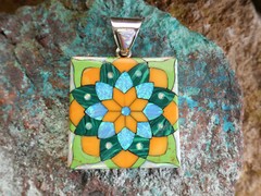 Flower Mosaic Micro Inlay Gemstone Fire Opal Sterling Silver 925 Pendant NEW AG8