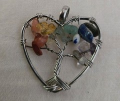 Vintage Artisan Silver Wire Wrapped Heart Gemstone Chakra Tree Of Life Pendant