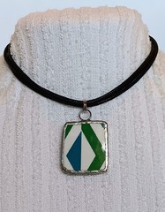 Handmade Broken Pottery Pendant Necklace on Black Cord 14-17 in