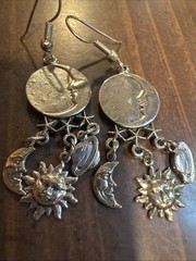 Sun Crescent Moon Saturn Earrings Star Dangle Silver Tone 2” Artisan