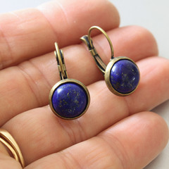 Lapis Lazuli Cabochons Antique Brass Leverback Earrings