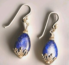 Lapis Lazuli Gemstone Earrings Silver Filigree Floral .925 French Shepherd Hooks
