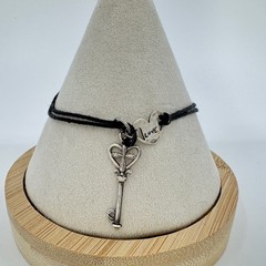 Doug Paulus Sterling Silver Love Heart Key Charm Black Cord Adjustable Bracelet