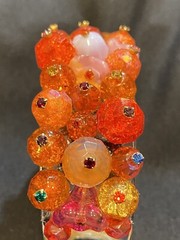 Handmade Orange Crackled Glass Beaded Acrylic Cuff Bracelet w/Rhinestone Accents
