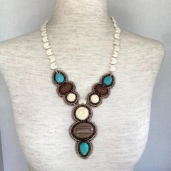 Hand Beaded Y Statement Bib Collar Necklace Boho 22″ Natural Stone Dyed Howlite