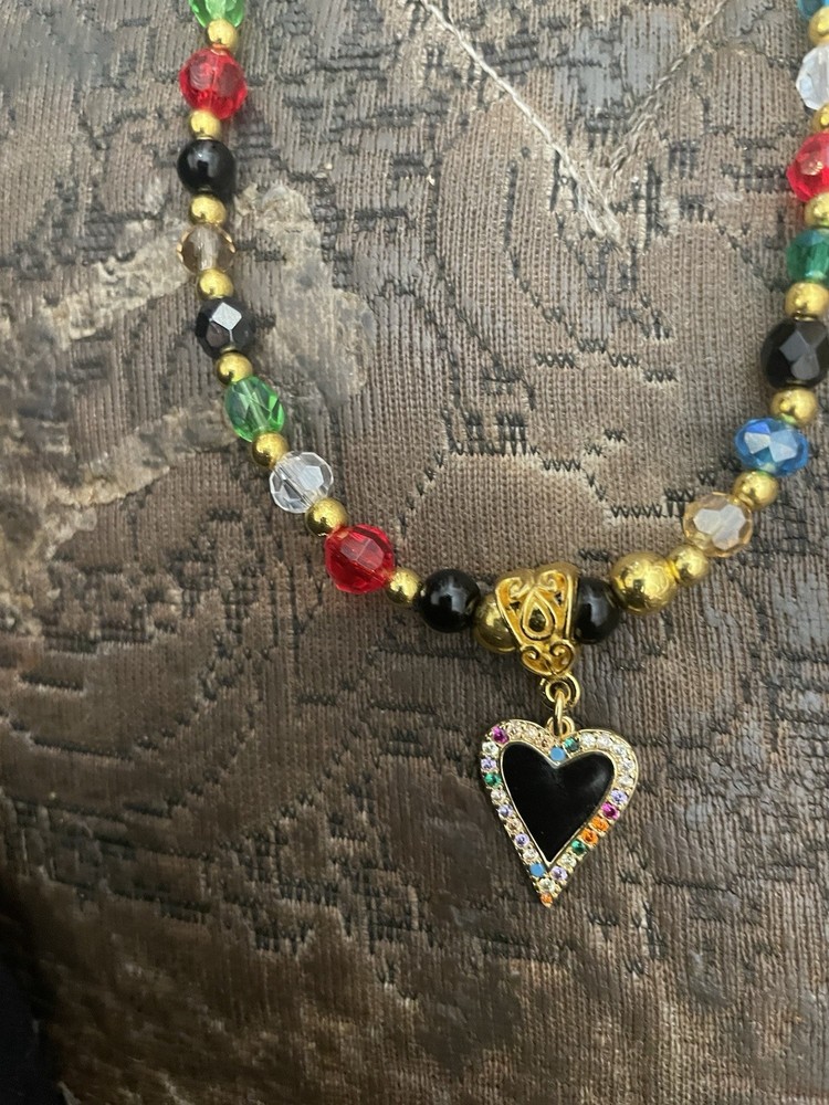 Retro Black Enamel 18k Gold Heart Pendant Red Blue Crystal Jet Bead Necklace
