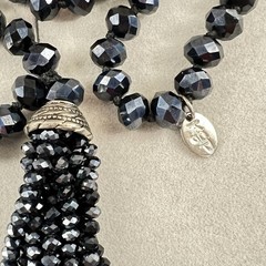 Handmade Artisan Faceted Black Glass Crystal Beaded Tassel Pendant Necklace KJP