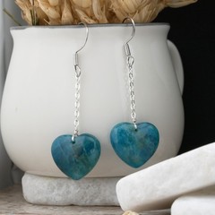Blue Apatite 925 Silver Puffy Heart Drop Earrings Natural Crystal Jewelry Gift