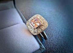 Asscher Cut Pink Sapphire With Old Mine Cut Cubic Zirconia Halo Vintage Ring