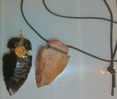 Lot/2 Hand Carved ARROWHEAD NECKLACES/Pendants, Obsidian? w/ Brass Wire & Cord