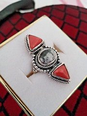 Artisan Crafted White Buffalo and Mediterranean Coral Ring in Sterling Sz 6