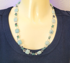 Mint Green Square Stone Clear Purple Glass Bead Necklace 20″ One Of A Kind