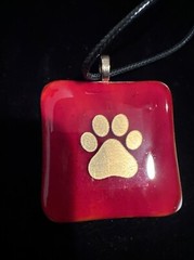 Red Dichroic glass Paw print Pendant 2 Inches Square With Gold Color Paw Print