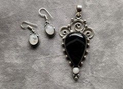 New Banded Black Onyx Moonstone Set 925 Silver Boho Unique Pendant Earrings