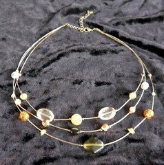 3 Strands of Glass, Stone and Plastic Beads Necklace. Brass Tone Wire 19″