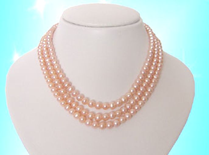 CLASSIC 3 Strand AA Quality Round Genuine 6-7mm Pink Pearl Necklace