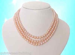CLASSIC 3 Strand AA Quality Round Genuine 6-7mm Pink Pearl Necklace