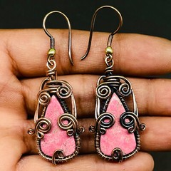 Natural Rhodonite Gemstone Copper Wire Wrapped Handcrafted Earrings 41x19mm