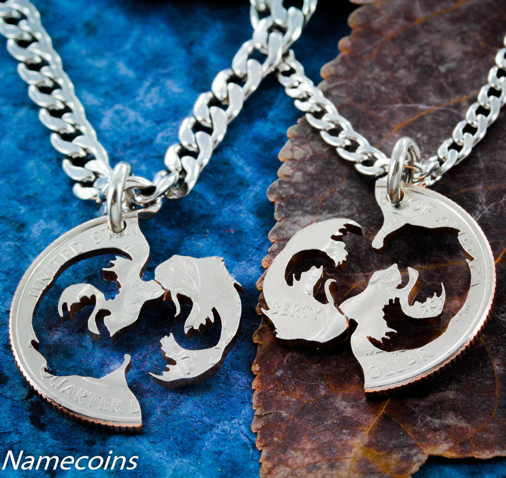 Koi Fish Necklaces, Asian Jewelry, Interlocking Frienship Hand Cut Quarter