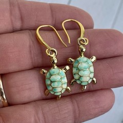 Min Favorit Turquoise & Cream Enamel Sea Turtle Gold Pl Artisan Drop Earrings