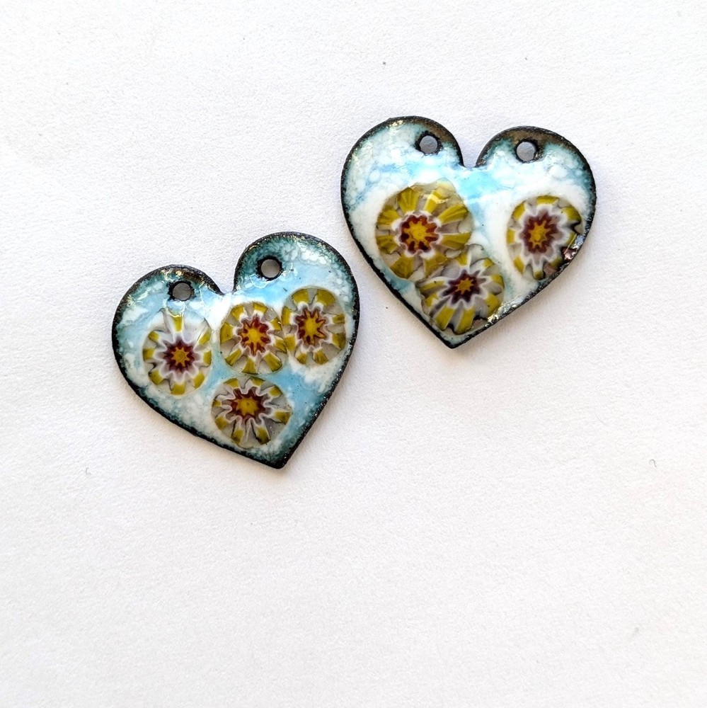 Enameled Heart Charms Pendants with Flowers Pair (20214)