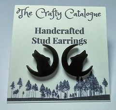 14mm Black Howling Wolf & Crescent Moon Stud Earrings Unisex/Men/Women/Vegan