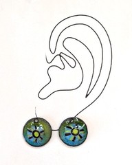 Enameled Charms Handmade Floral Murrini Green Blue Pair 16mm (20398)