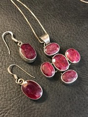 Artisan Made Sterling Silver Natural Ruby Cross Pendant Necklace & Earring Set
