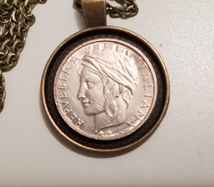 Italian 100 Lire Coin Pendant, Roman goddess Minerva