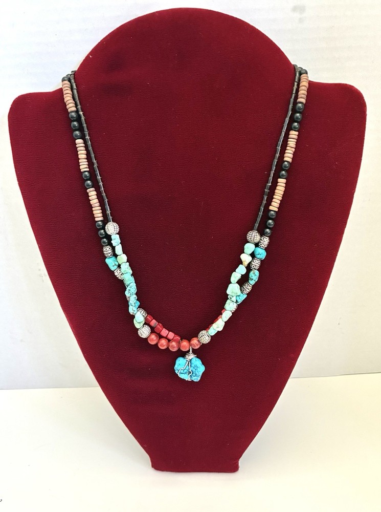 Natural Turquoise Coral Heishi Multi Strand Necklace and Tibetan Silver